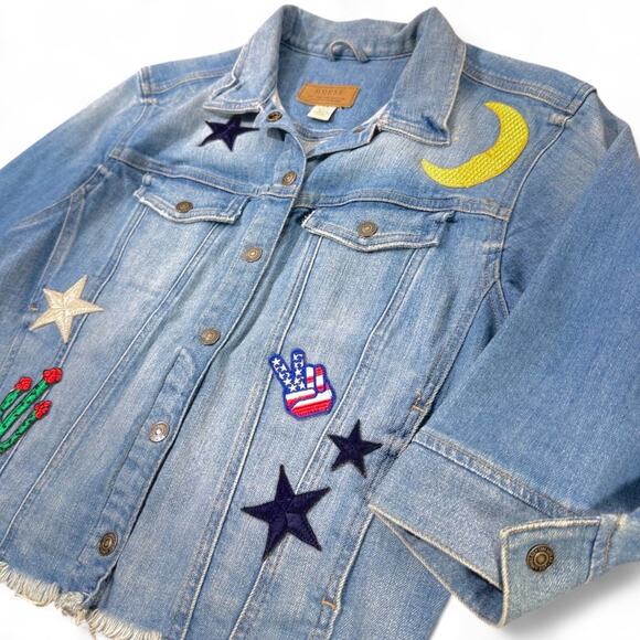GUESS Cropped Frayed Denim Jacket S USA Cactus Patches Boho Festival 90sRevival - Picture 2 of 13